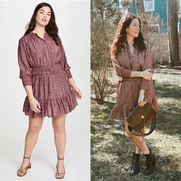 REBECCA MINKOFF Ruffle Hem Smocked Tie Waist Long Puff Sleeve Floral Dress XXL - Picture 1 of 14